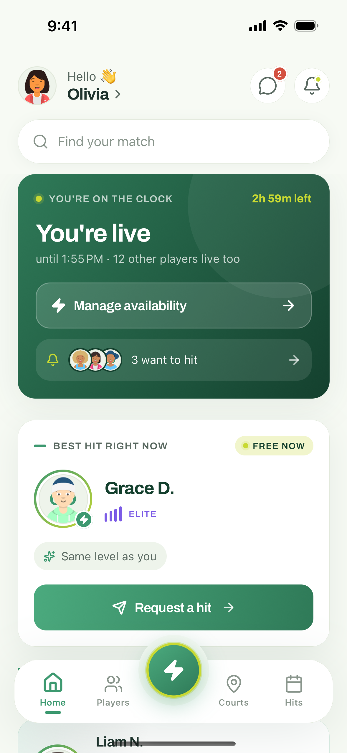 The Hitter app showing you're live and the best hit available right now